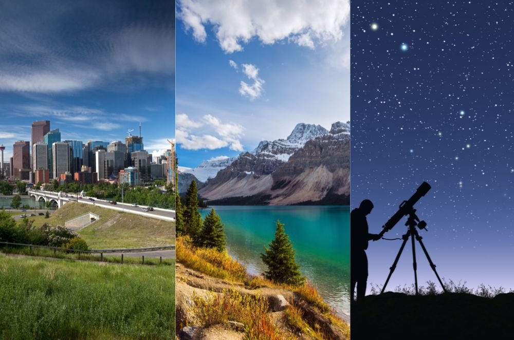 A triptych image featuring a city's skyline, a mountainous lake scene in Banff National Park, and a person observing the night sky through a telescope.