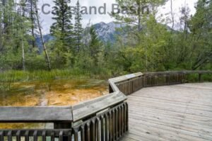 A wooden boardwalk at the Cave and Basin National Historic Site overlooks a small, orange-tinted pond surrounded by green trees, with mountain peaks visible in the background.