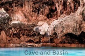 A natural underground cave with stunning mineral formations and a pool of blue water, titled "Cave and Basin" at the bottom of the image. This enchanting site offers a glimpse into the unique geothermic beauty synonymous with the Cave and Basin National Historic Site.