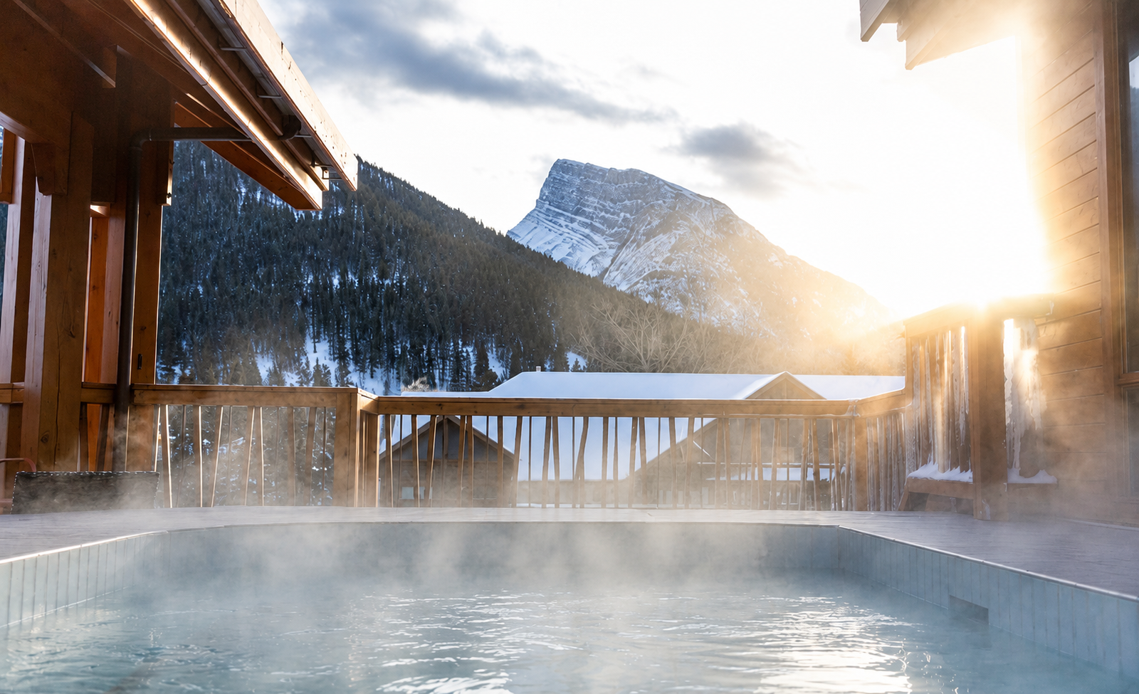 Outdoor hot tub with steam rising, wooden railing, and snow-covered mountains in the background at sunrise or sunset—just like the serene views at Banff Upper Hot Springs.