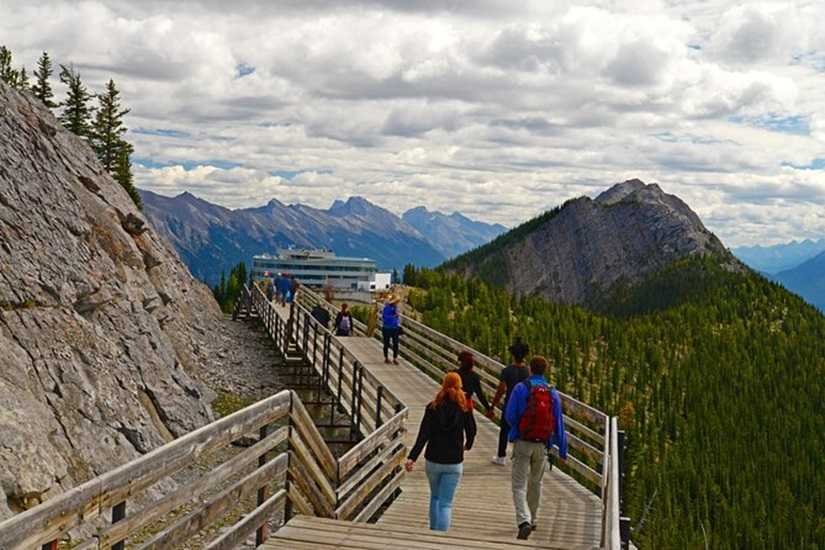 People walking down a wooden pathway on a mountain with a view of distant peaks and gondolas in Banff gliding gracefully in the background.