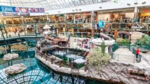 West Edmonton Mall features a large indoor shopping experience with multi-level stores, an aquarium, and a sea lion exhibit surrounded by railings. Shoppers stroll around and relax near the lively exhibit.