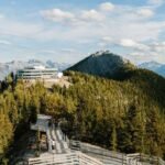 A mountaintop building is surrounded by dense trees with a wooden pathway leading up to it, reminiscent of the scenic routes taken by gondolas in Banff. Rugged mountains are seen in the background under a partly cloudy sky.
