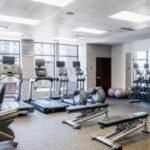 Modern gym with treadmills, stationary bikes, weight benches, free weights, and exercise machines. Wall mirrors and large windows provide natural light. Perfect for guests of hotels near West Edmonton Mall looking to stay fit during their visit.