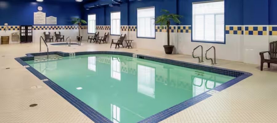 Indoor swimming pool in a brightly lit room with blue walls, white tile floor, and deck chairs. Palm-like plants in pots are placed along the walls. Just like the luxurious amenities you'll find at hotels near West Edmonton Mall, it features two sets of metal ladders at the pool's edges.