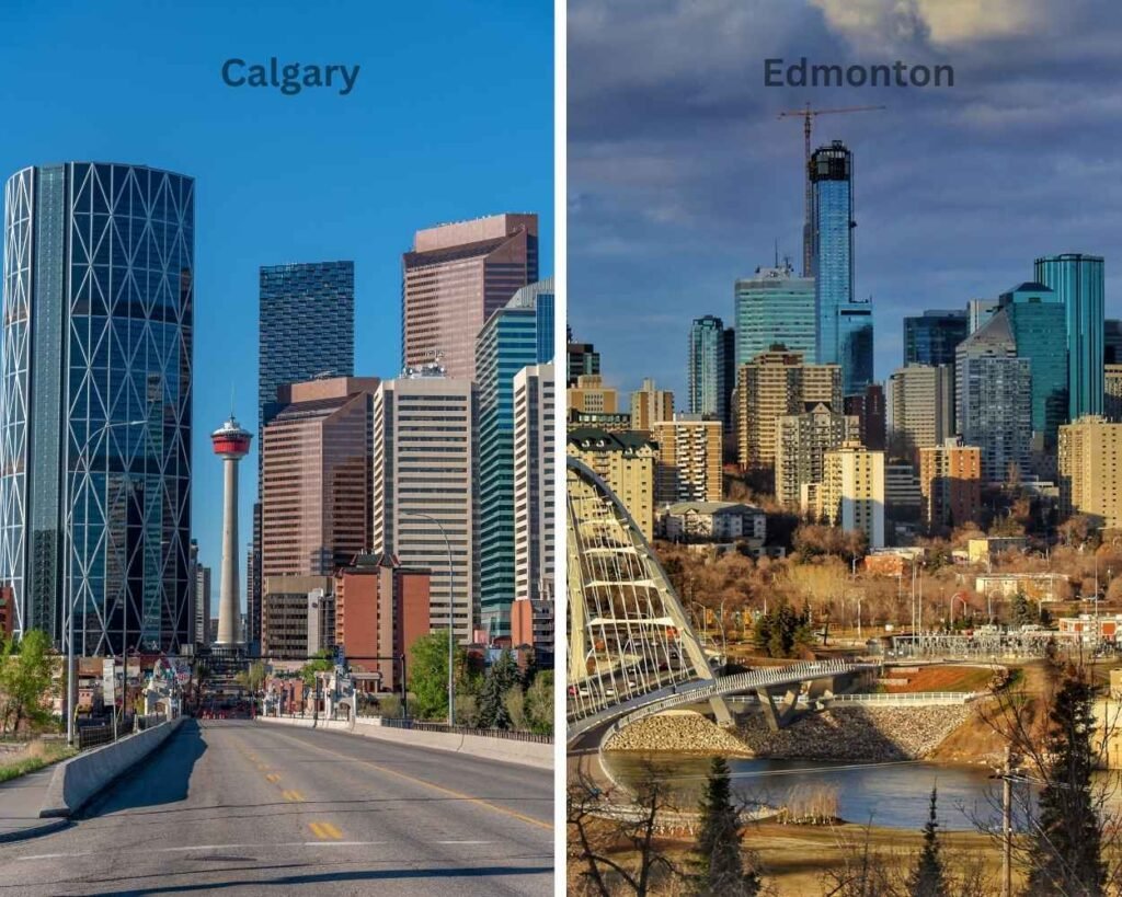 Split image of Edmonton and Calgary