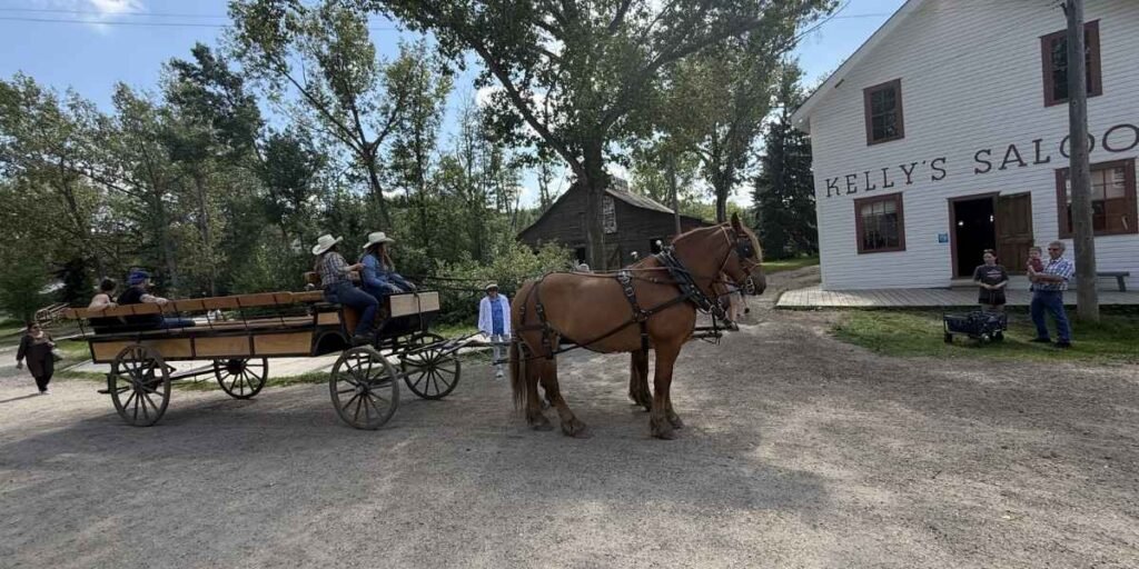 A horse-drawn wagon at Fort Edmonton Park.