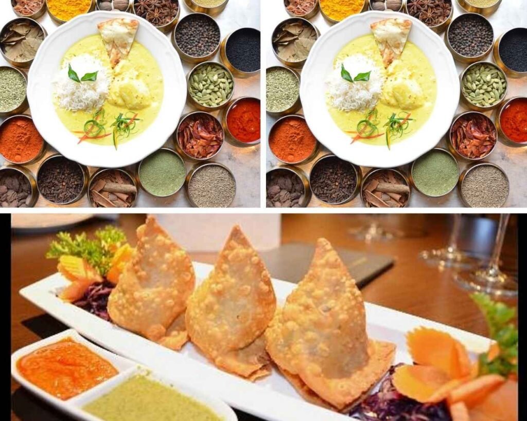 Two images: Top showcases a plate of rice and curry surrounded by spices, reminiscent of Edmonton Indian restaurants; bottom presents samosas with green and red chutneys, garnished with vegetables.