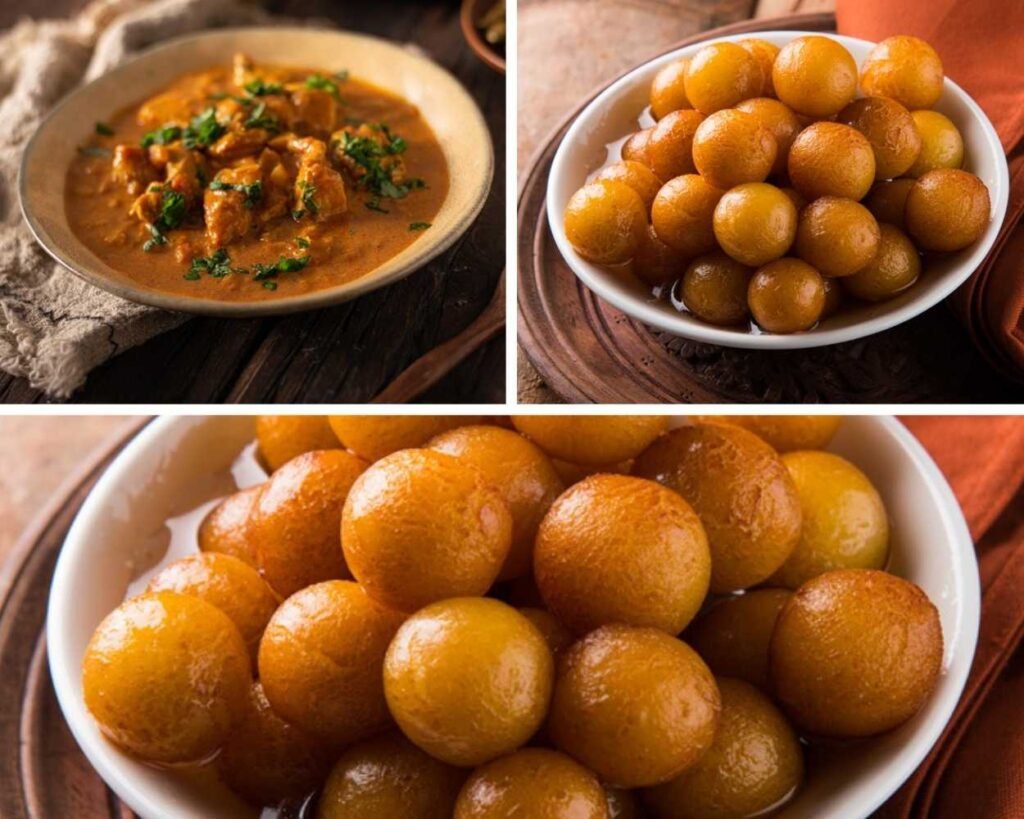 A dish of curry with herbs on the left and a bowl of syrup-soaked gulab jamun on the right, resembling what you might find at Edmonton Indian restaurants, all beautifully presented on a wooden tray with a cloth.