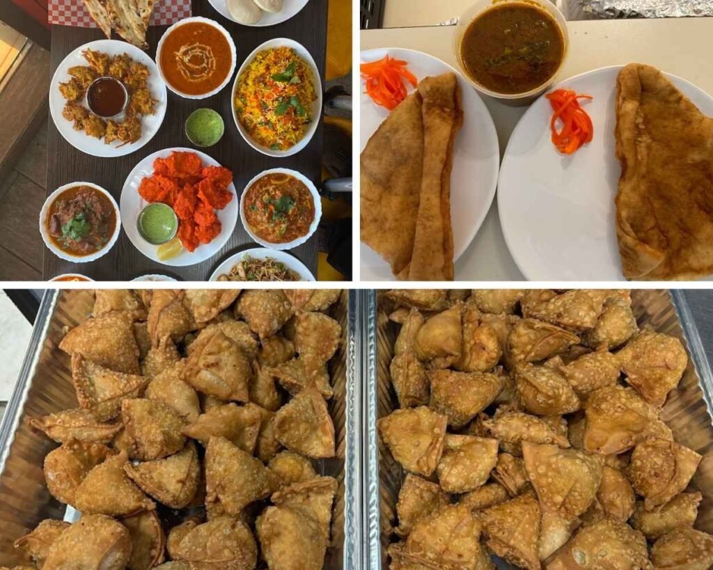 Four images of Indian dishes: a spread with various foods, dosas on plates with chutney and pickles, and trays of golden-brown samosas, reminiscent of the vibrant flavors found in Edmonton's Indian restaurants.