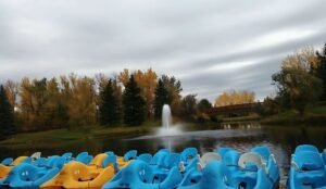 Bower Ponds comes alive with colorful paddle boats docked on a calm lake, where a gentle fountain dances in the background, embraced by a ring of stunning autumn trees.