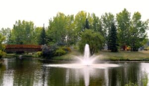 A serene pond at Bower Ponds features a central water fountain, encircled by lush trees, a wooden footbridge, and a grassy area, offering the perfect blend of nature and tranquility.