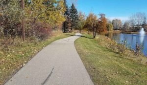 The paved path winds through a park dotted with trees and a tranquil pond, where a charming water fountain stands. Sparse autumn leaves are scattered gently on the ground, reminiscent of the serene atmosphere at Bower Ponds beneath a clear blue sky.