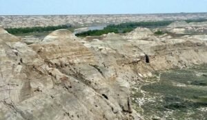 Experience the stark beauty of a barren, rocky landscape at Dinosaur Provincial Park, where eroded hills and sparse vegetation meet a river flanked by lush green trees in the background.