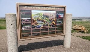 Informational sign at Dinosaur Provincial Park features detailed maps, visitor images, and park highlights, all set gracefully within the grassy landscape of this renowned park.