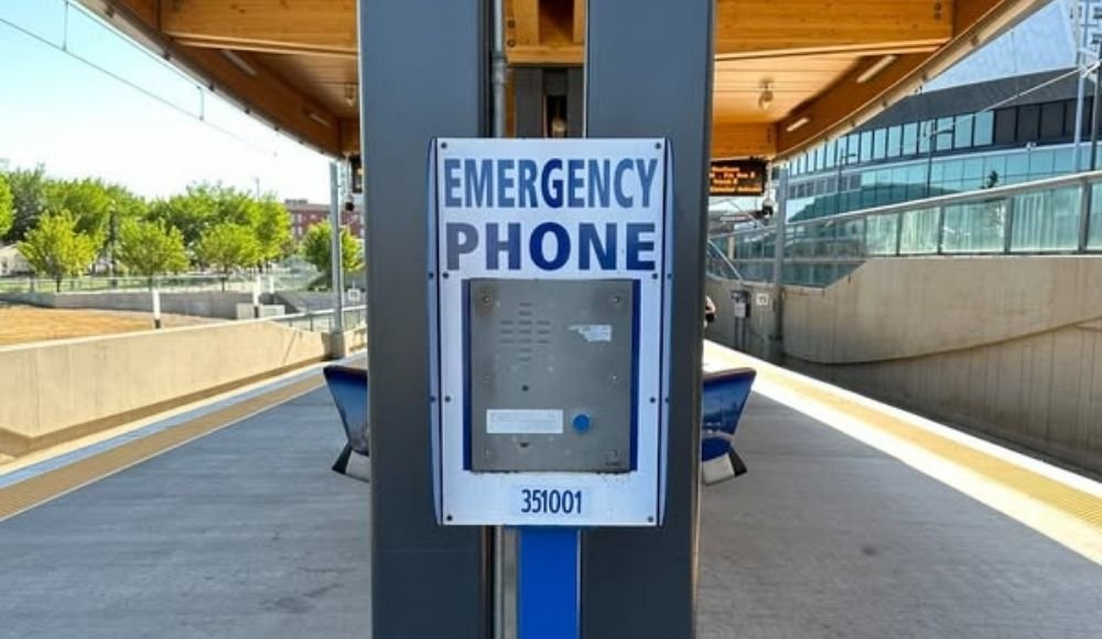 An emergency phone is mounted on a train station platform, part of the Edmonton Transit Service network, with trees and buildings providing a scenic backdrop.