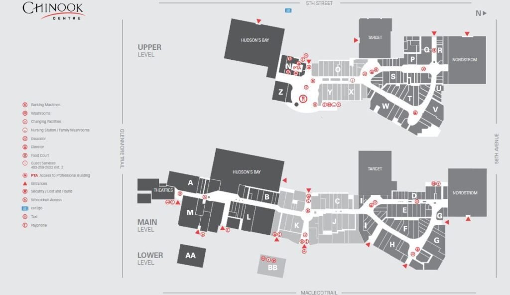 Map of Chinook Centre, a premier Calgary mall, showing the layout of upper and lower levels with store locations, entrances, elevators, and key amenities marked. North is indicated at the top right.