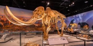 A large mammoth skeleton is displayed in the Royal Alberta Museum exhibit, surrounded by informational plaques and other animal fossils, with a mural backdrop of prehistoric wildlife.