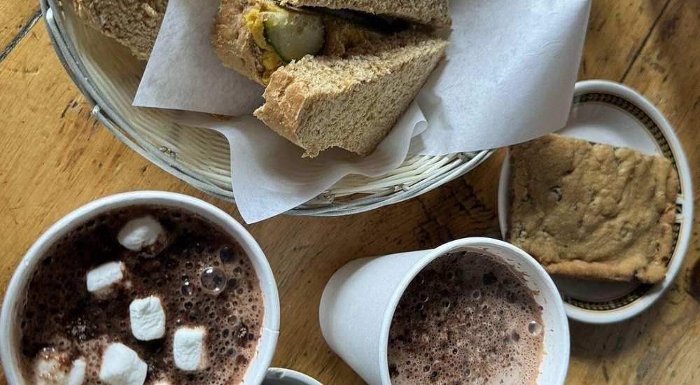 A basket with sandwich halves, two cups of hot chocolate (one with marshmallows), and a cookie on a dish, all placed on a wooden table—the perfect treat after completing the Lake Agnes Tea House hike.