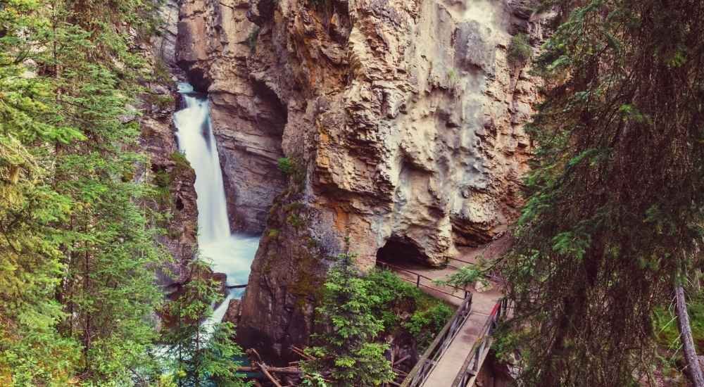 Johnston Canyon, with a wooden trail leading along the canyon wall through dense trees.