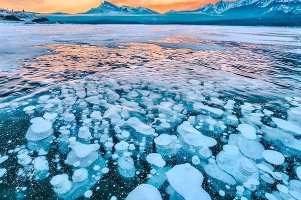 Abraham Lake Frozen lake with trapped methane bubbles at Abraham Lake