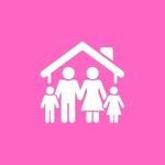 White icon of two adults and two children standing under a house roof, on a solid pink background.