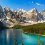 A turquoise lake around the valley of the ten peaks.