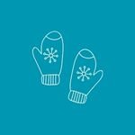 Simple line drawing of two mittens with snowflake designs on the backs, set against a solid teal background.