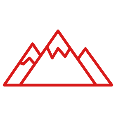 A simple red line drawing of three mountain peaks on a white background.