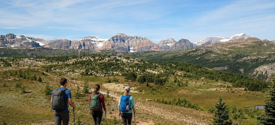 Three hikers with backpacks walk on a trail through a grassy landscape, with mountains and patches of snow in the distance under a blue sky—one of the scenic easy hikes in Banff perfect for beginners.