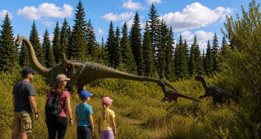 A family stands on a path in a forest, observing dinosaur models at the Jurassic Forest in Gibbons, Alberta