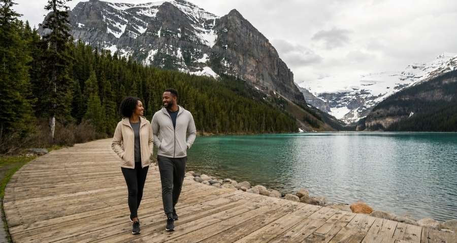 Lake Louise Lakeshore Trail, a perfect scene from one of the easy hikes in Banff.