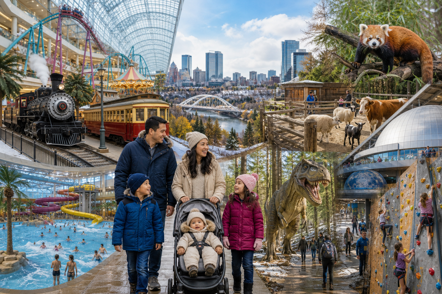 A family walks in front of a collage showing a train, cityscape, zoo animals, an indoor pool, a dinosaur exhibit, and a rock climbing wall.