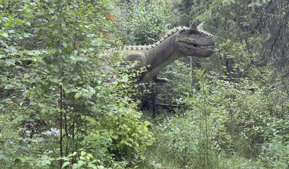 Dinosaur display in a forest at Jurassic Forest