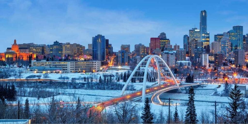 Downtown Edmonton skyline and Walterdale Bridge in winter as used in Downtown Edmonton Guide