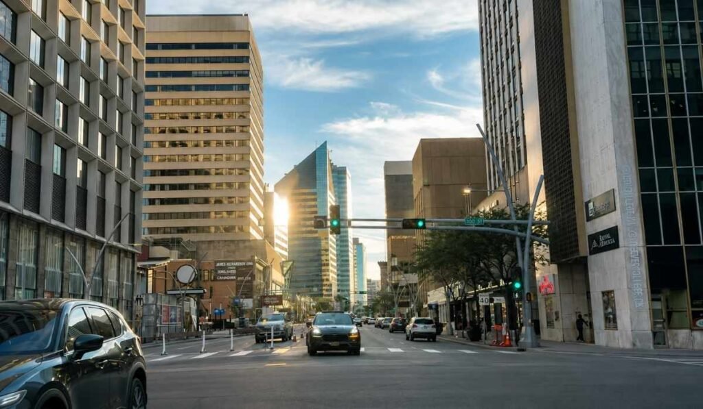 Downtown Edmonton street with high-rise buildings along 100 Street