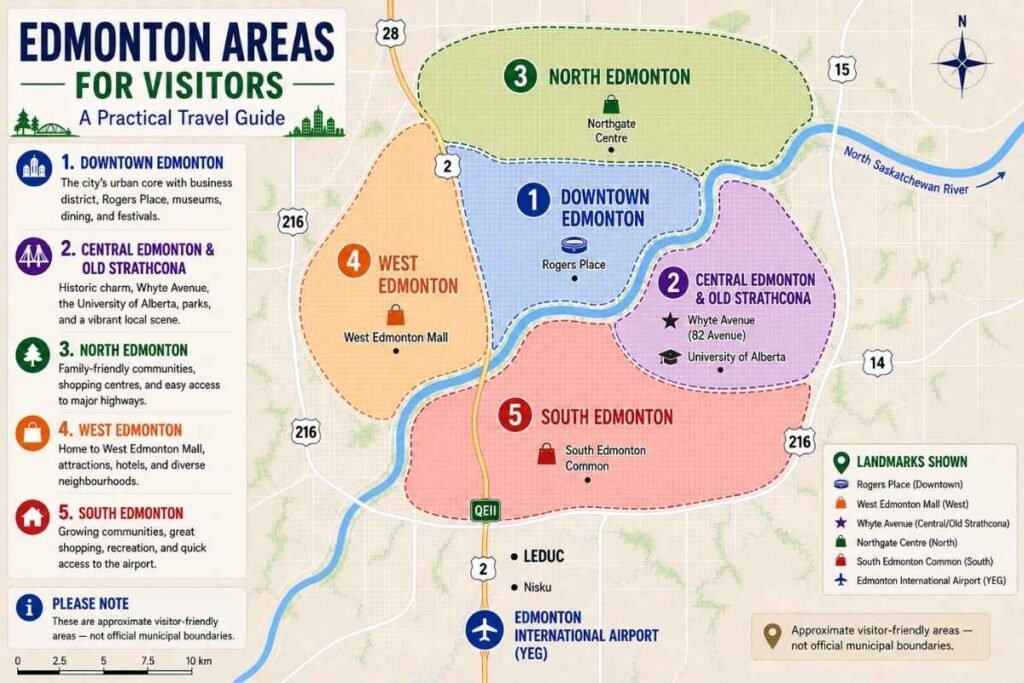 Edmonton areas for visitors map showing Downtown, Central Edmonton and Old Strathcona, North Edmonton, West Edmonton, and South Edmonton