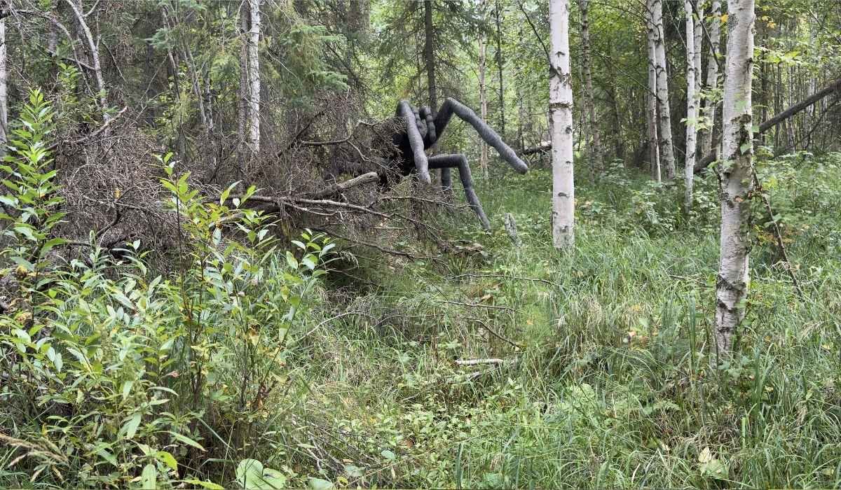 Giant moving spider display hidden among the trees at Jurassic Forest
