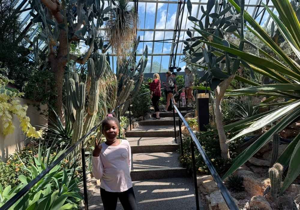 A girl stands on a pathway in the Muttart Conservatory’s greenhouse, filled with various cacti and succulents, making a peace sign. Other people are visible further up the path.