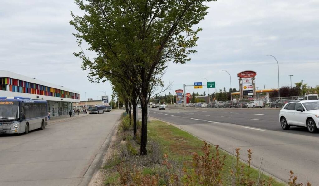 Northgate area of North Edmonton with buses and Northgate Centre