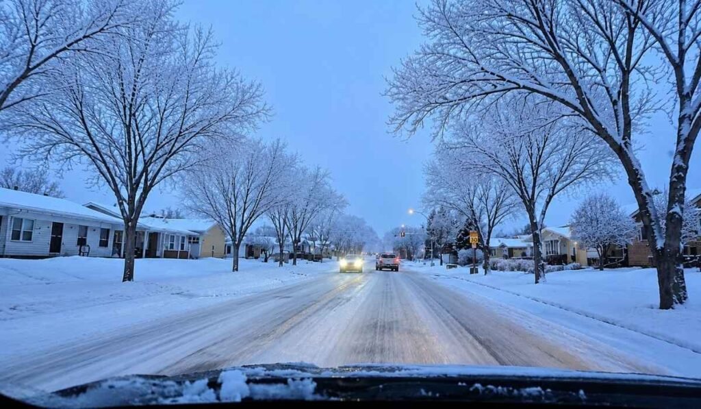 Snow-covered residential street in North Edmonton during winter