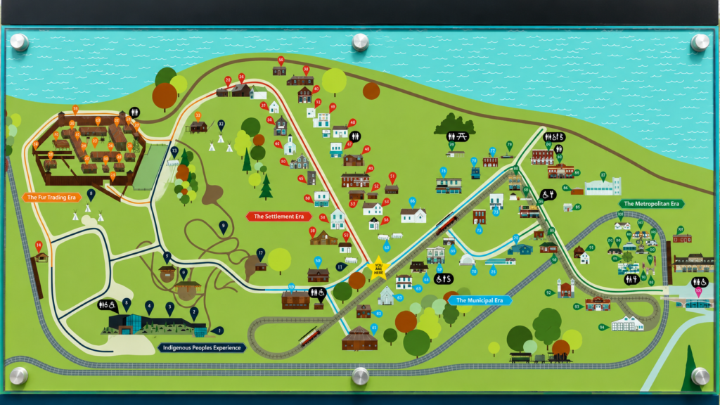 Fort Edmonton Park map showing the park's historical areas, attractions, paths, and train routes in Edmonton