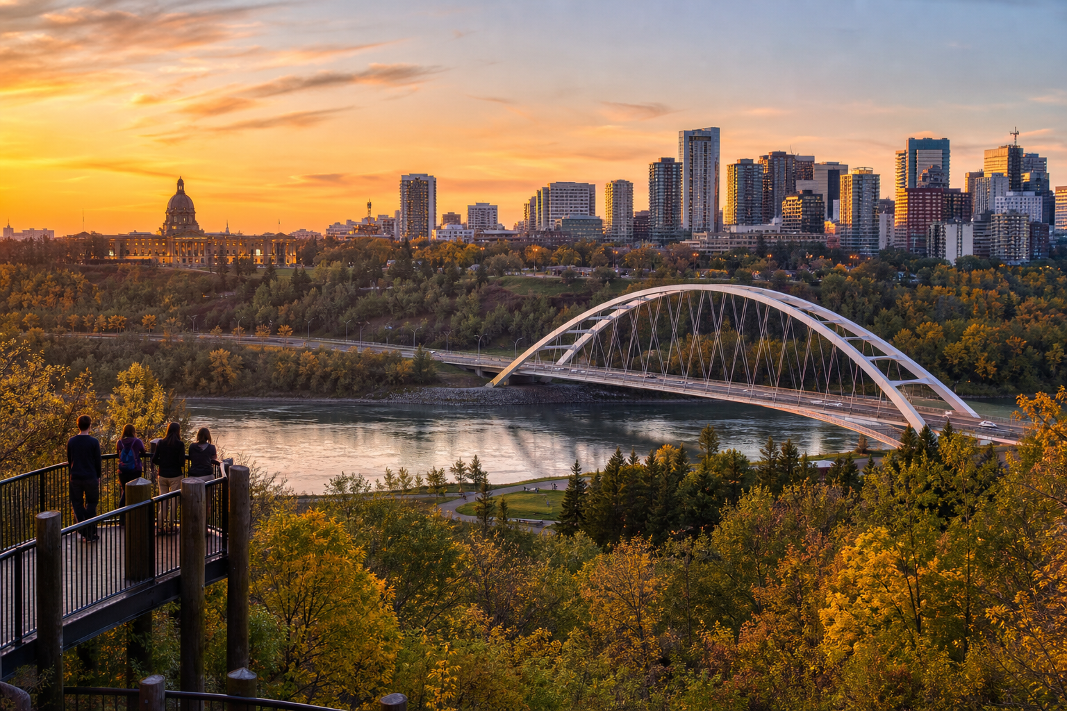 People stand on an overlook facing a river, arched bridge, and city skyline at sunset, with autumn trees in the foreground.
